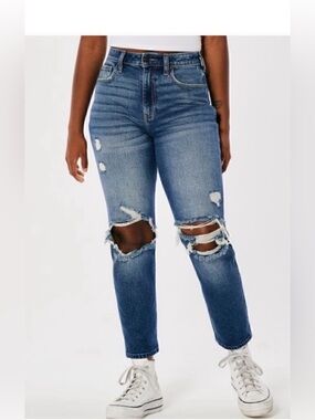 Hollister Y2K Curvy High Rise Mom Jean Distressed Dark Blue Wash 25 NWOT